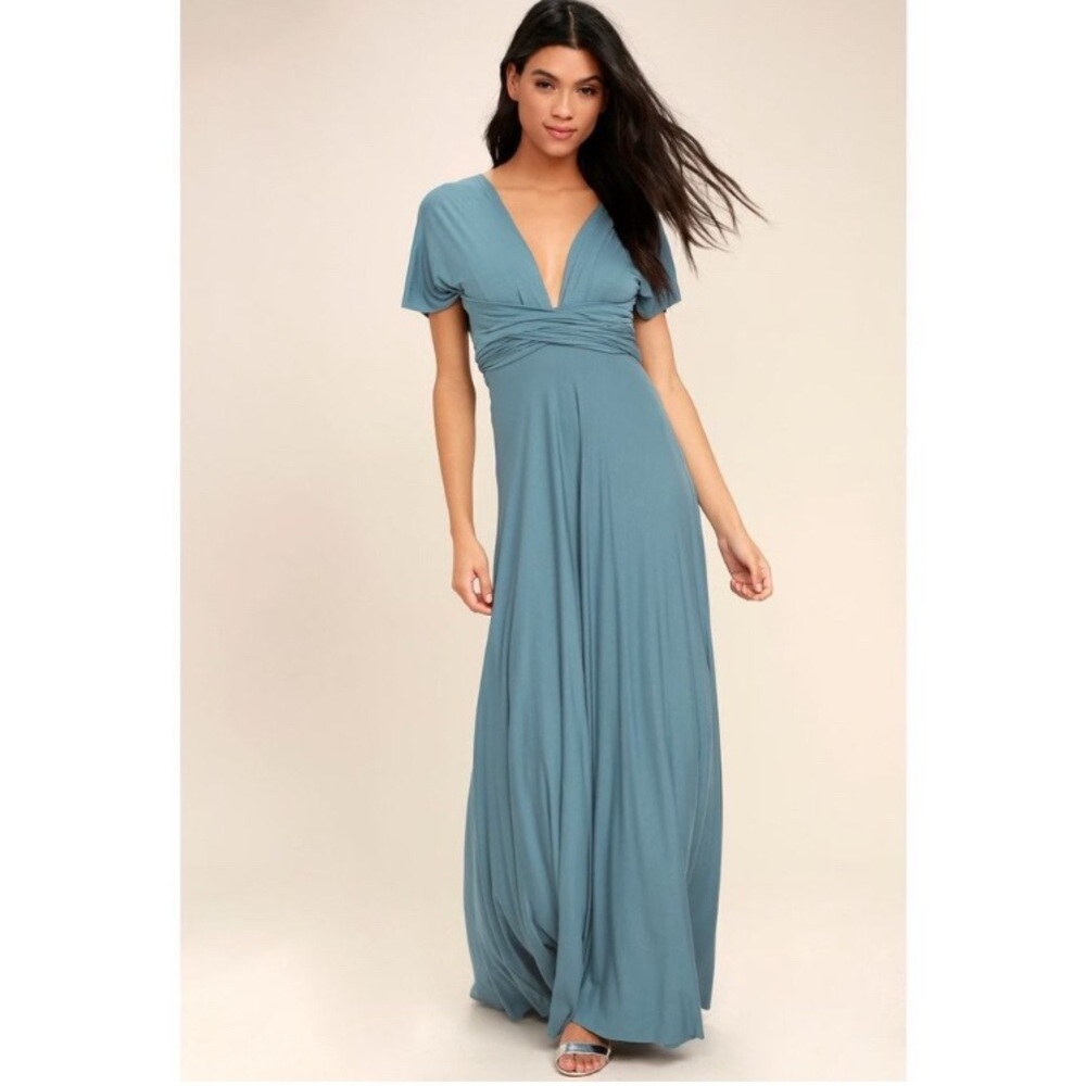 Lulus Women's Tricks Of The Trade Jersey Knit Multi-Way Maxi Dress Slate Blue S